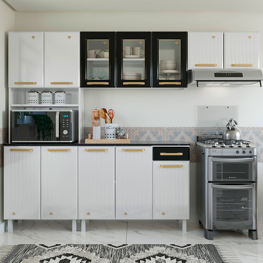 Armário de cozinha preto e branco compacto