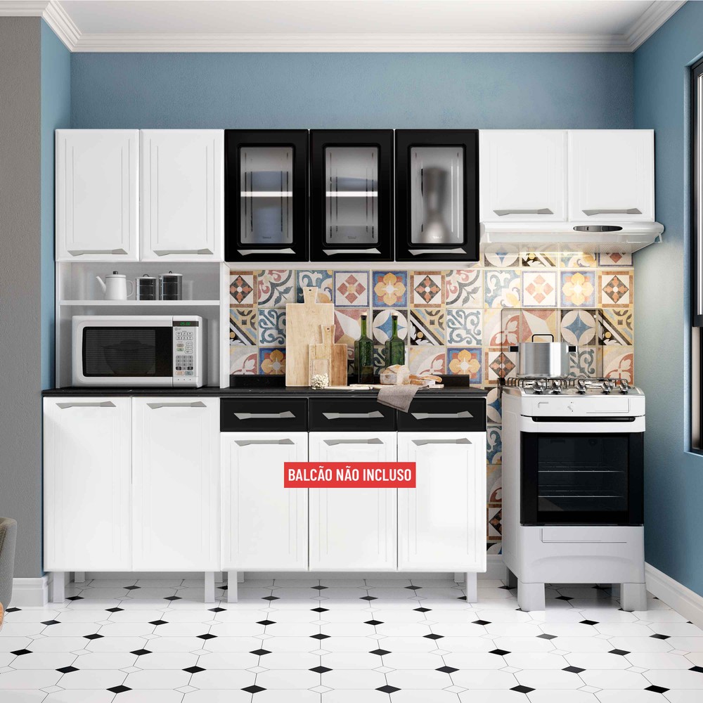 Armário de cozinha preto e branco modulado