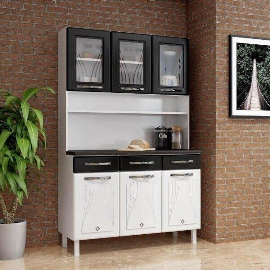 Armário de cozinha preto e branco em aço