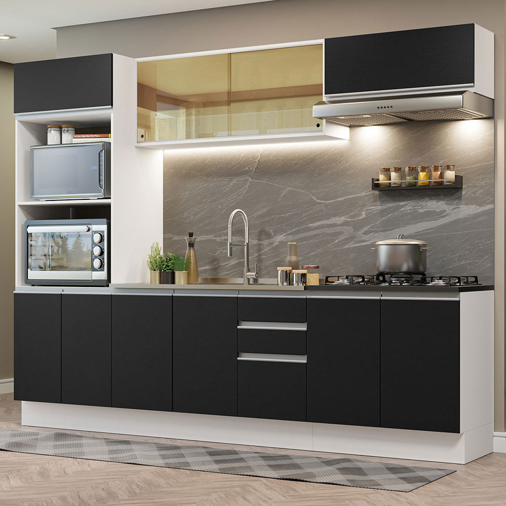 Armário de cozinha preto e branco com tampo