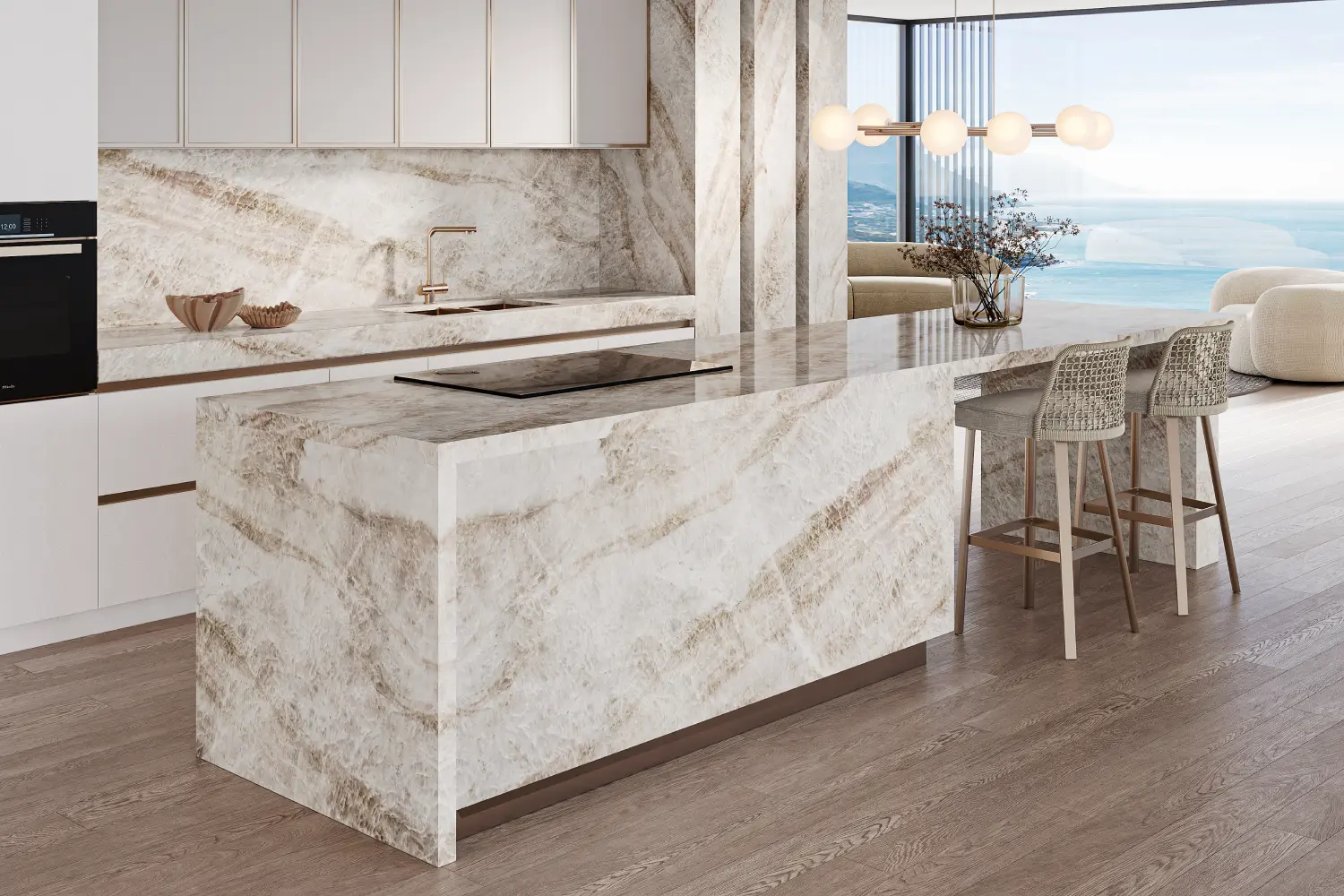 inspiração bancada quartzo calacatta para cozinha