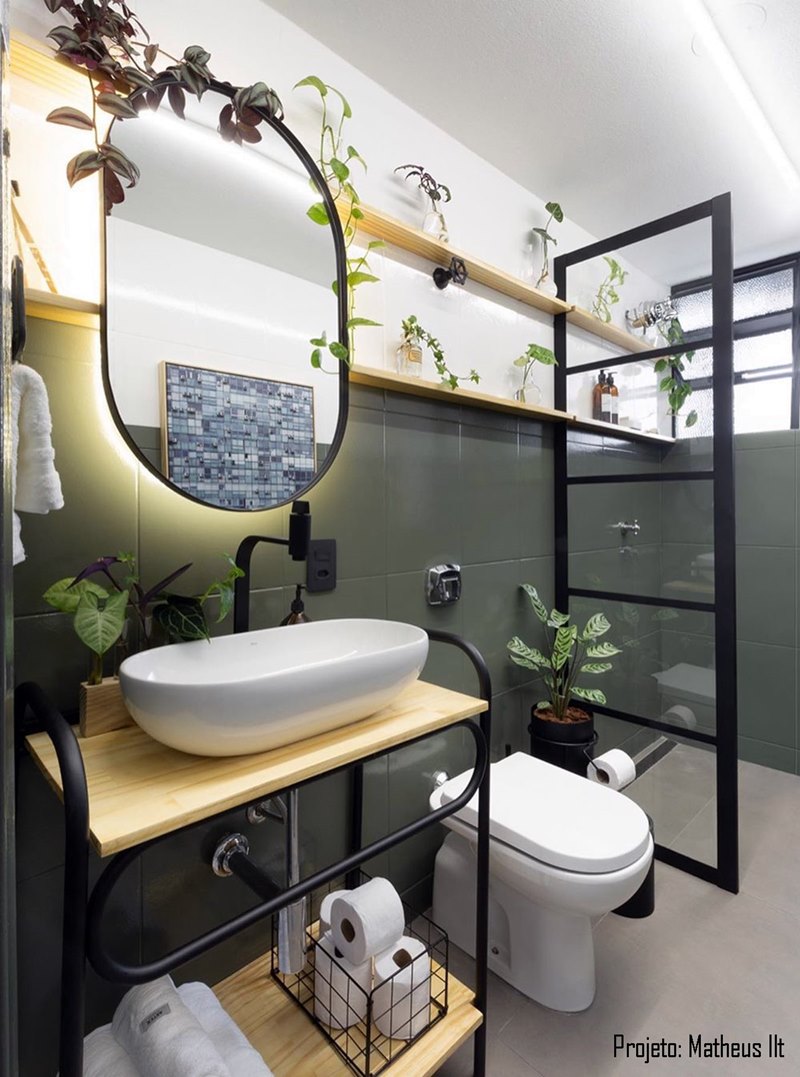 banheiro estilo industrial chique com espelho adnet