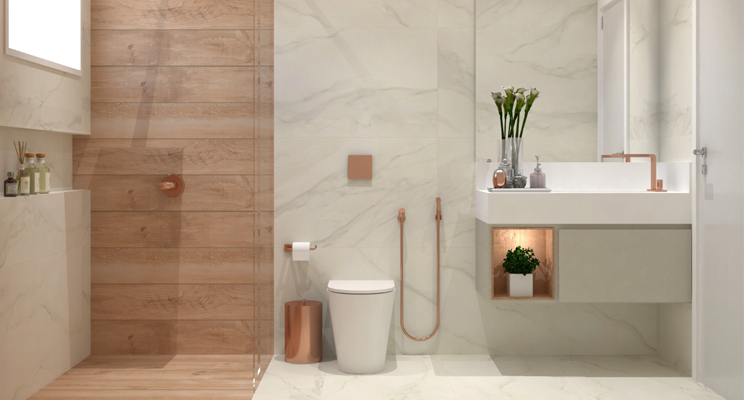 revestimento cerâmico versus porcelanato para banheiro simples