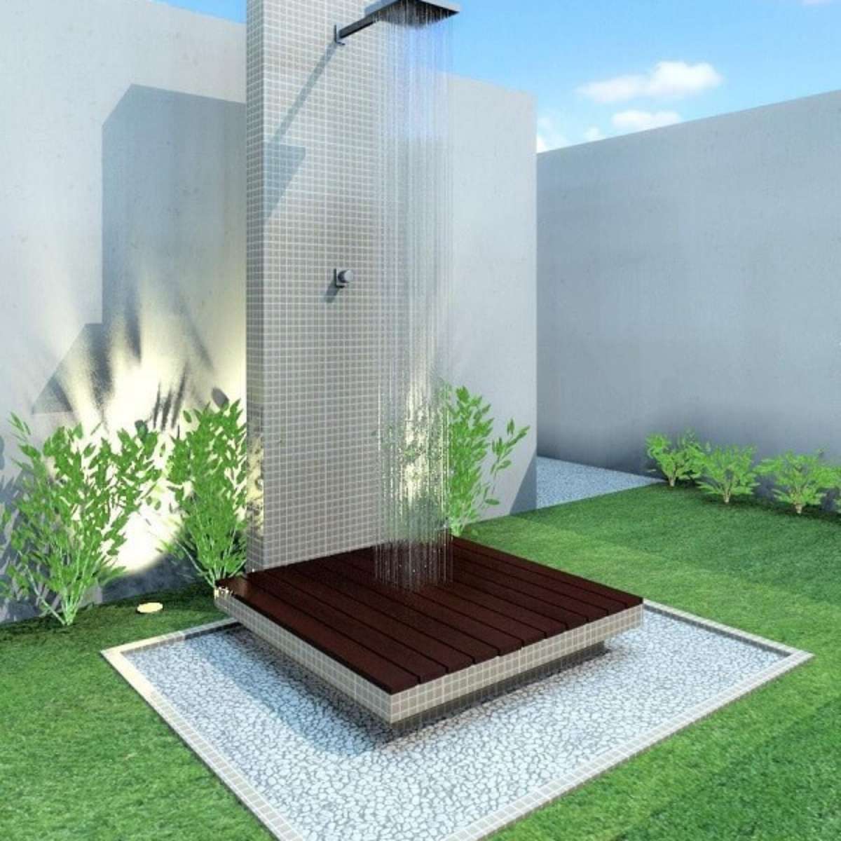 ideias de jardim com chuveiro e deck