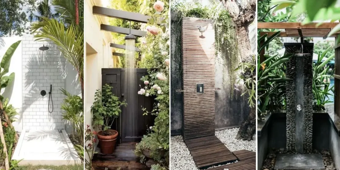 ideias de jardim com chuveiro e deck