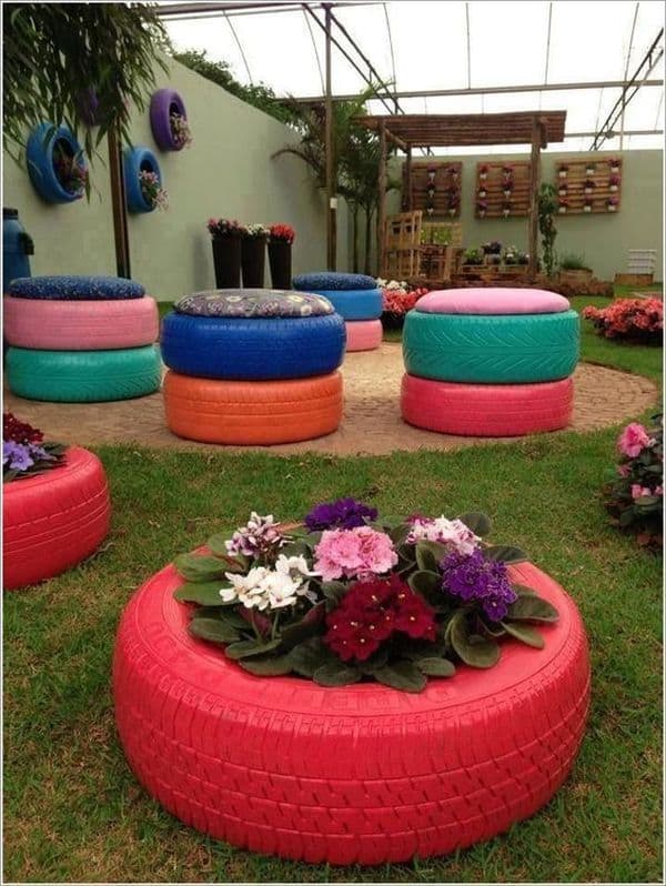 ideias criativas jardim com pneus