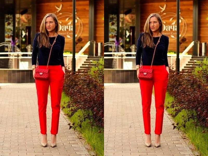 calça vermelha jeans ou alfaiataria qual melhor