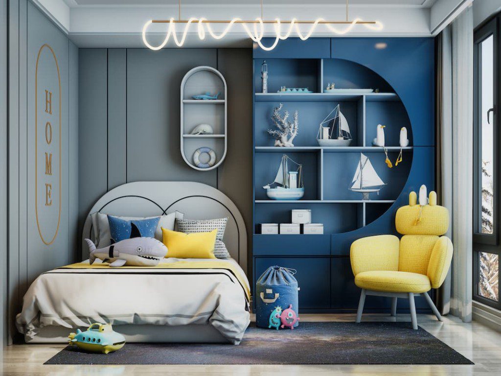 quarto de bebe azul com moveis brancos