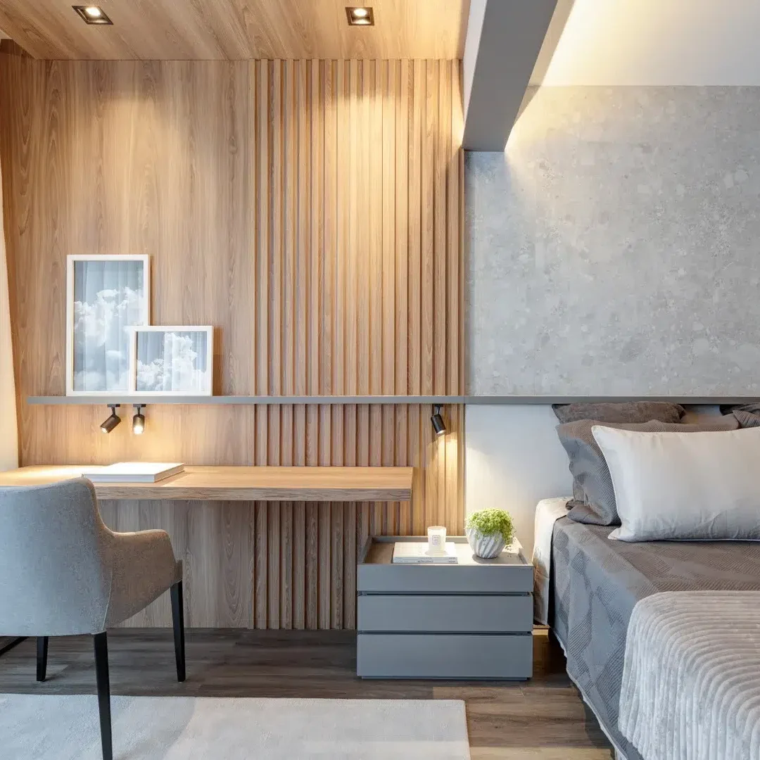 ideias de decoração quarto casal com escritorio