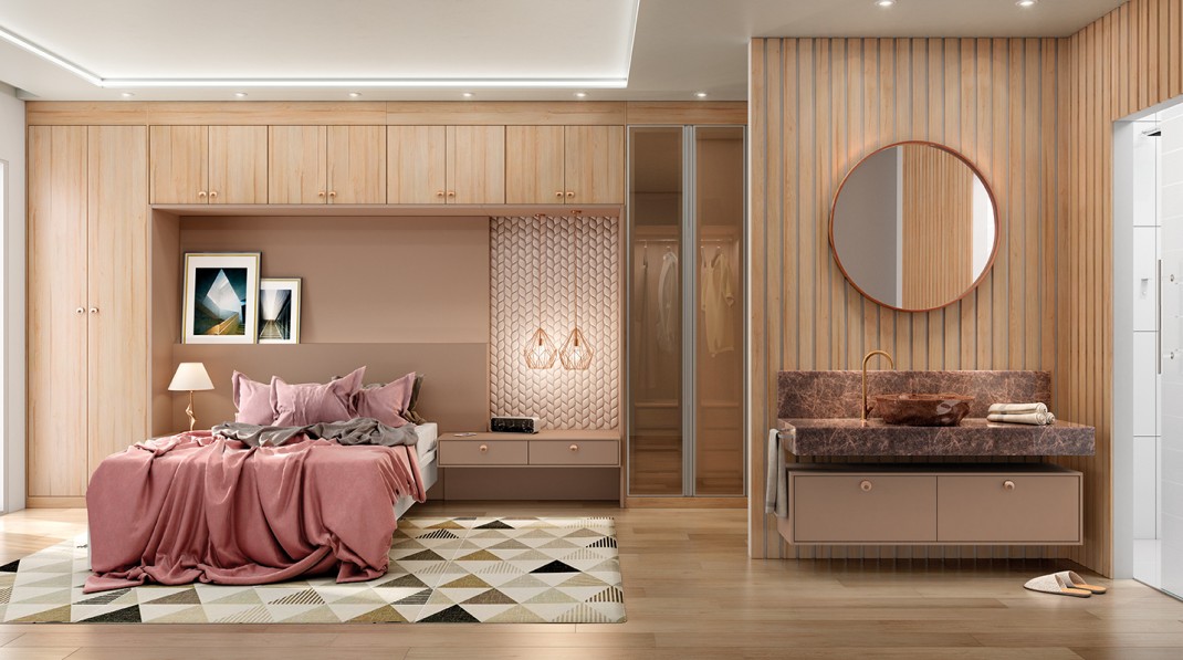 quarto de casal planejado com painel de tv