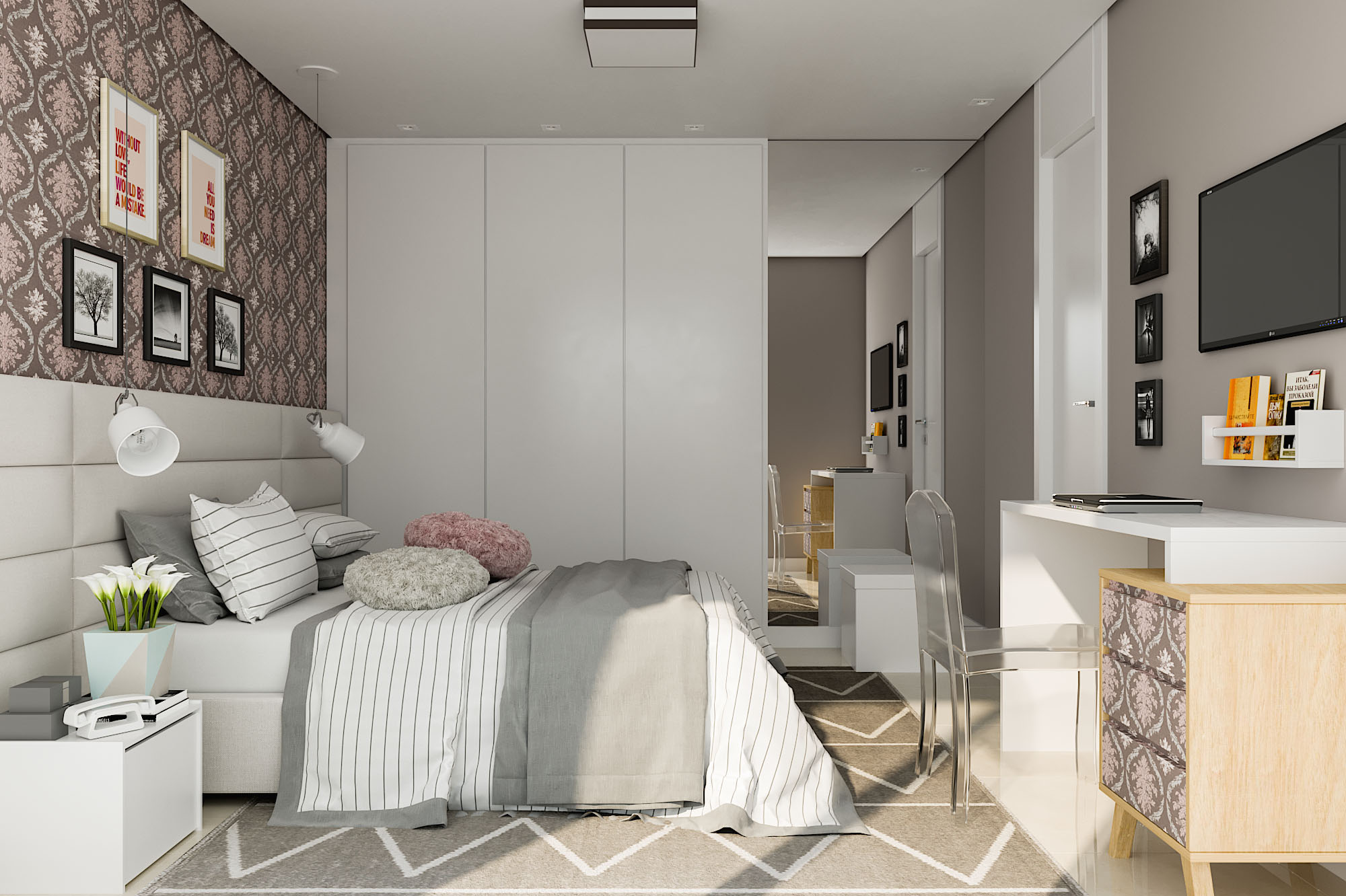quarto de casal planejado cinza