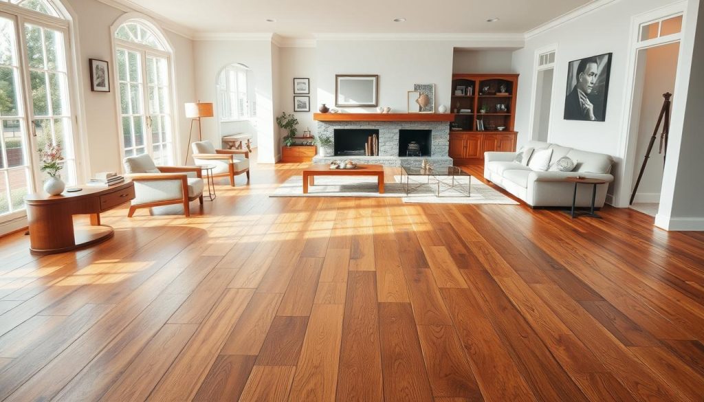 sala de estar com piso de madeira