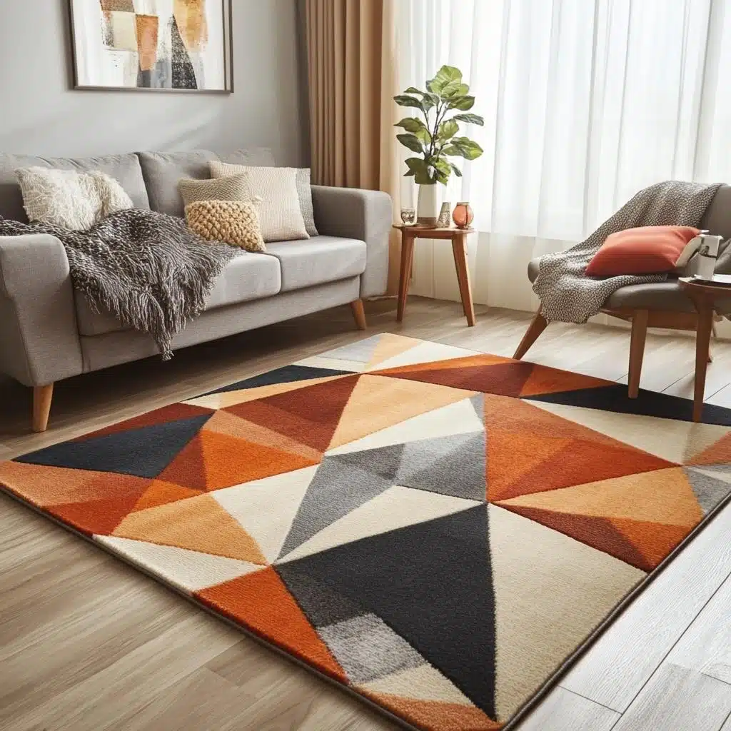 tapete geometrico preto e branco para sala minimalista