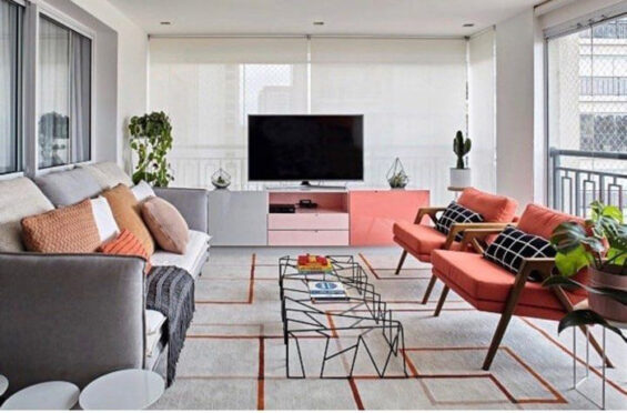 tapete geometrico preto e branco para sala minimalista