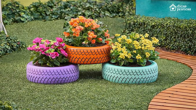 jardim de pneus reciclados