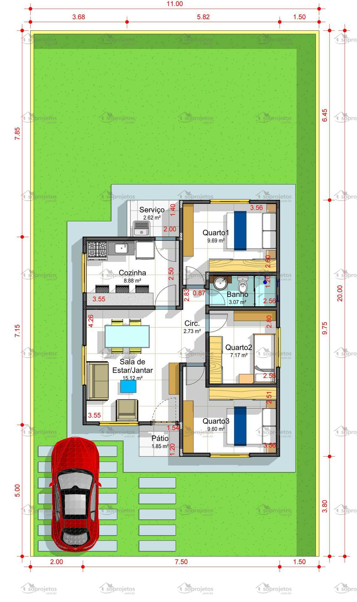 planta de casa 3 quartos